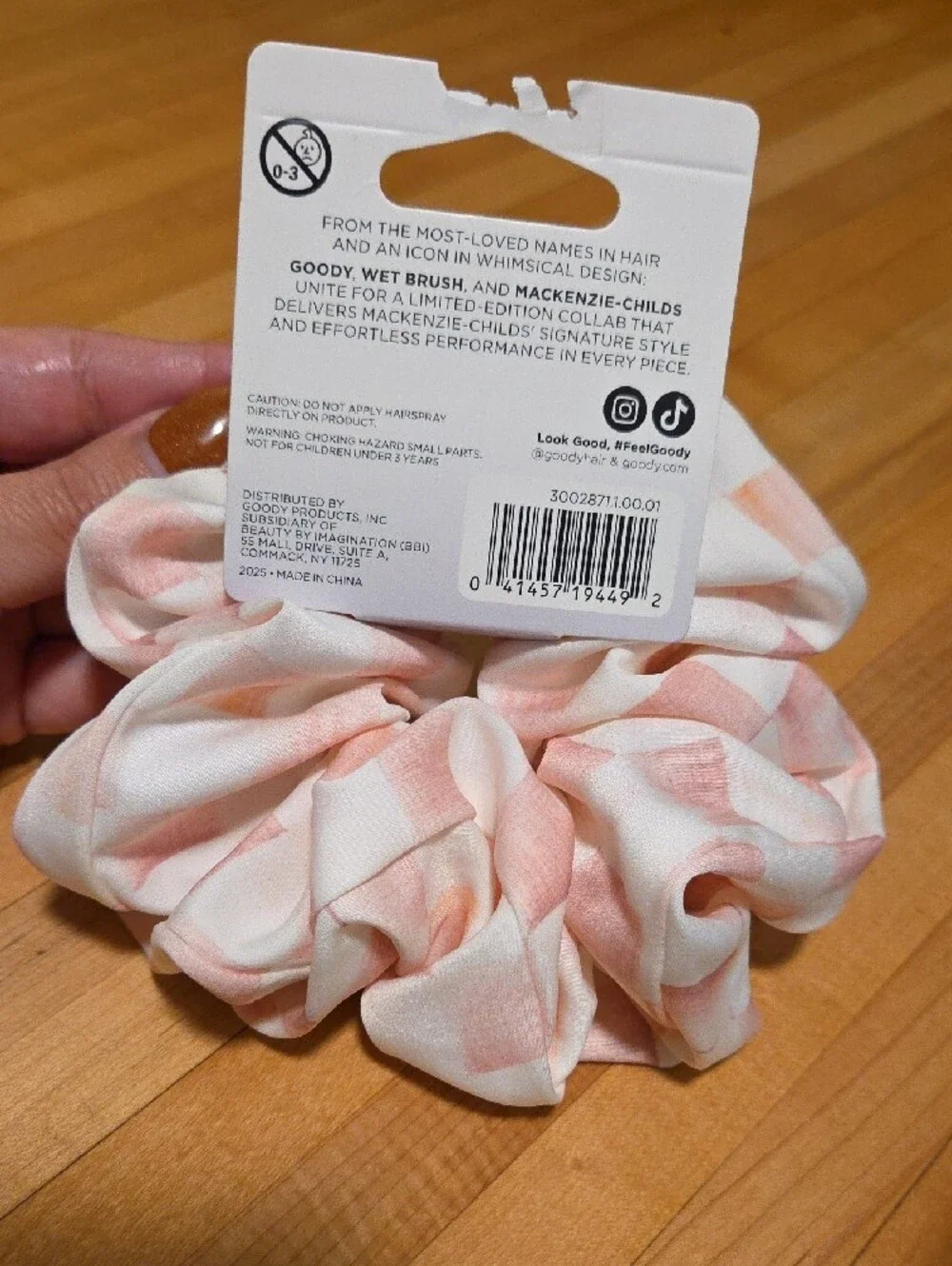 MacKenzie-Childs Pink and White Checker Satin Hair Scrunchie